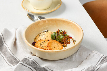 Gourmet Breakfast Composition Cottage Cheese Pancakes with Caramel Mousse and Yogurt Granola
