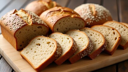 A variety of whole grain breads such as oat, barley, and spelt, highlighting their nutritional benefits. A fiber-rich option for those seeking a healthy, whole grain diet with complex carbohydrates.