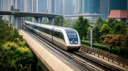 Fast modern express passenger train no high speed railway in hyperloop moving from flash light. Futuristic technology, hi tech future digital transport, hyperloop concept. Low pole 3d abstract