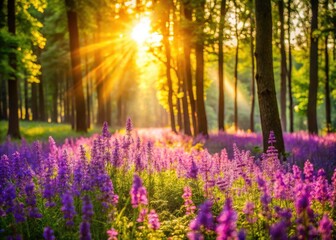 Woodland photography captures a sun-drenched meadow ablaze with purple wildflowers in springtime.