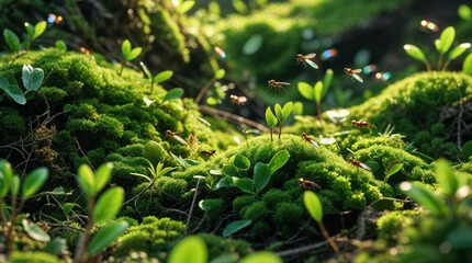Tiny insects dance around vibrant green moss and budding plants, bathed in the soft glow of sunlight. A serene and enchanting scene from nature.
