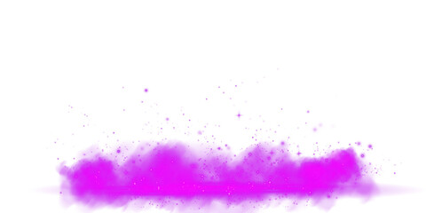 Purple stage with smoke and particle saw light on the floor. Neon light. Empty purple stage and studio room with floating smoke. For product demonstrations. Misty texture overlays background. PNG.