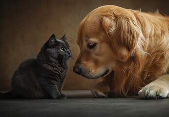 Playful interaction between a curious cat and a gentle golden retriever creating a heartwarming moment of friendship and connection in a cozy environment