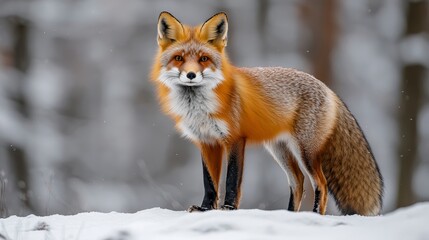 Obraz premium A solitary red fox stands on a snowy surface, showcasing its vibrant orange fur against a blurred wintery background.