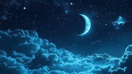 Fototapeta premium A cosmic dreamscape filled with dark blue and black tones, thousands of stars, and the mystic glow of moonlight shining through the clouds.