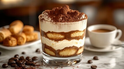 A delicious glass of tiramisu layered with creamy mascarpone and coffee-soaked ladyfingers, accompanied by a cup of coffee and pastries.