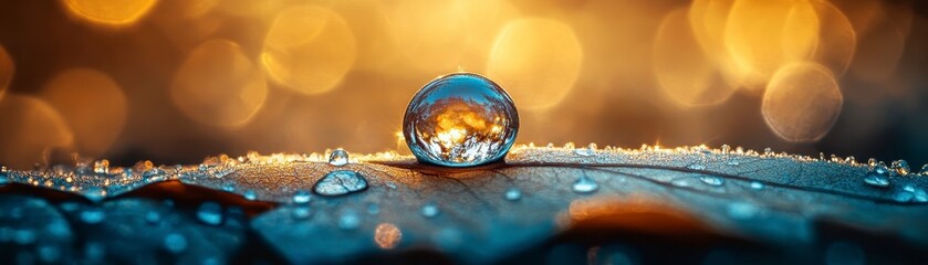 A close-up of a water droplet resting on a leaf, reflecting warm light, with a soft, blurred background creating a dreamy atmosphere.