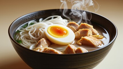 A steaming bowl of noodle soup with chicken and a soft-boiled egg. The warm colors and texture create a comforting image.