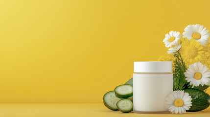 Luxurious Premium cream jar, flower, daisy, pastel, Background yellow. Copy space, mockup, banner