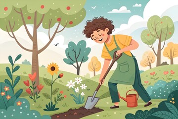 Cheerful Cartoon Gardener Digging &ndash; Young Man in a Lush Garden Scene