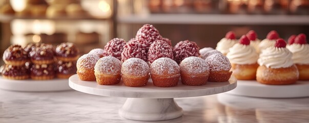 A beautifully arranged display of assorted pastries on a white cake stand, featuring frosted donuts and colorful toppings.