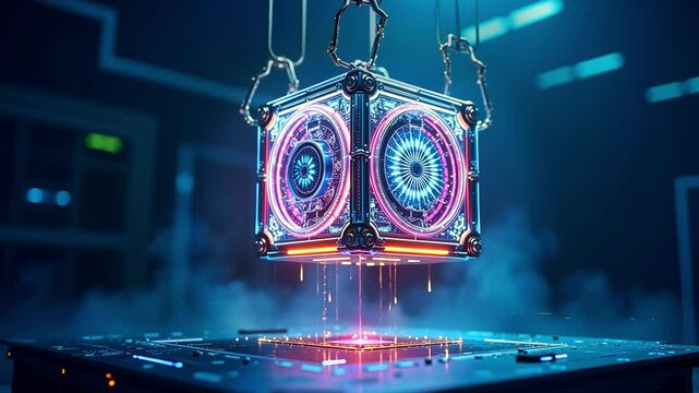 Futuristic Cyberpunk Cube: Neon Energy Core with Glowing Orange Liquid &mdash; 3D Sci-Fi Artifact, Dynamic Particle Effects, Cinematic Lighting & Dark Tech Ambiance (4K CGI Cyberpunk Sci-Fi Visuals)