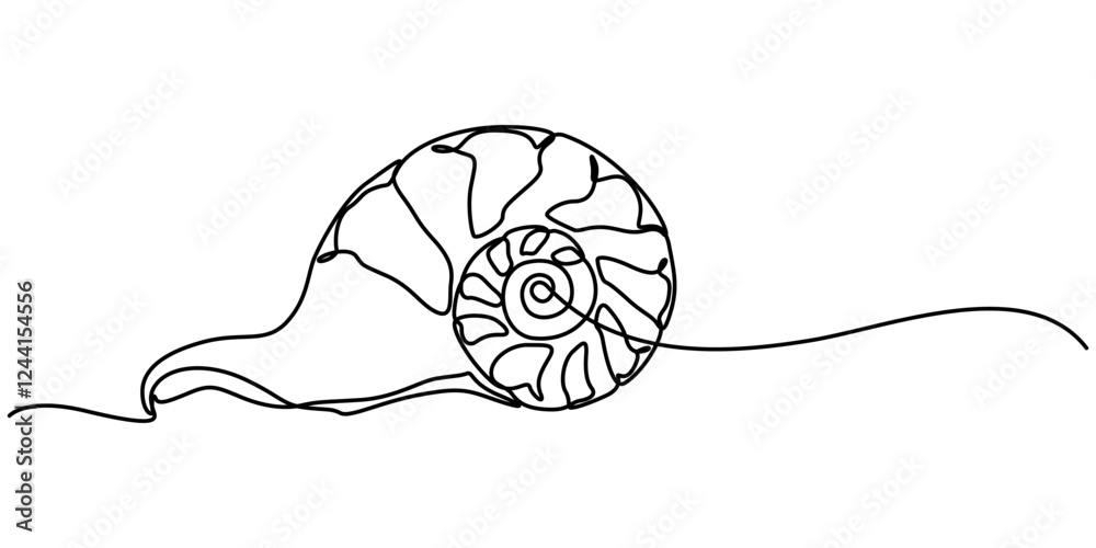 Poster Continuous single line drawing of conch snail shell. Seashell symbol and banner of beauty spa and wellness salon in simple linear style. Vector illustration, Seashell drawing in the form of one pro. 