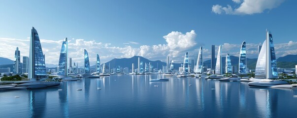 Fototapeta premium Futuristic sailing event in a high-tech marina coastal city digital art marine environment panoramic view innovation