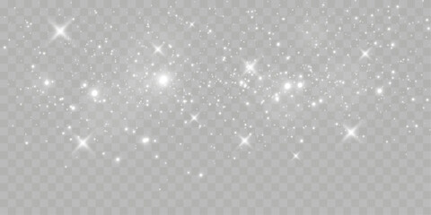 Sparkling white light particles on transparent background, glowing stars and dust effect, festive glitter overlay, magical illumination, digital abstract decoration.	
