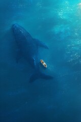 Obraz premium Aerial view of yacht and whale in deep blue ocean waters. World Ocean Day concept. Marine life and tourism. Adventure cruise boat near humpback whale. World Wildlife Day and eco tourism concept