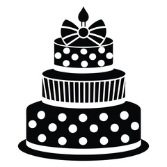 Black and White Birthday Cake Vector with Candle and Bow. Cake icon and symbol of the holiday, birthday,festive, Cake vector illustration isolated on white background