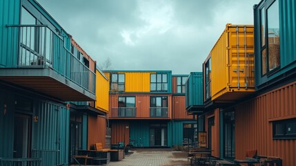 Fototapeta premium Colorful shipping container apartments, courtyard, overcast sky, urban housing