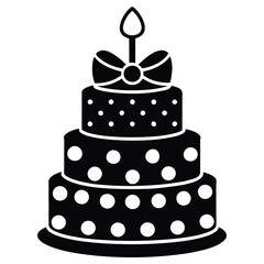 Black and White Birthday Cake Vector with Candle and Bow. Cake icon and symbol of the holiday, birthday,festive, Cake vector illustration isolated on white background