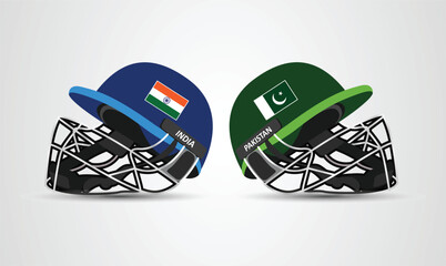 India vs Pakistan Cricket batting helmet with protective grill isolated on white background, vector illustration