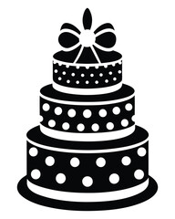 Black and White Birthday Cake Vector with Candle and Bow. Cake icon and symbol of the holiday, birthday,festive, Cake vector illustration isolated on white background
