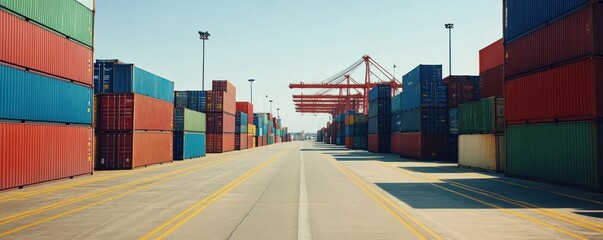 Port road lined with cargo containers, cranes in background, global trade
