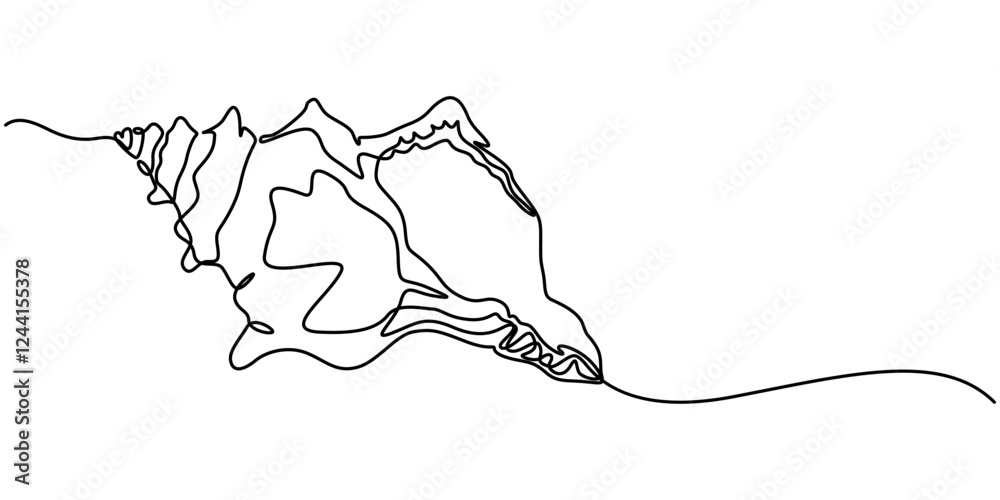 Poster Continuous single line drawing of conch snail shell. Seashell symbol and banner of beauty spa and wellness salon in simple linear style. Vector illustration, Seashell drawing in the form of one pro. 
