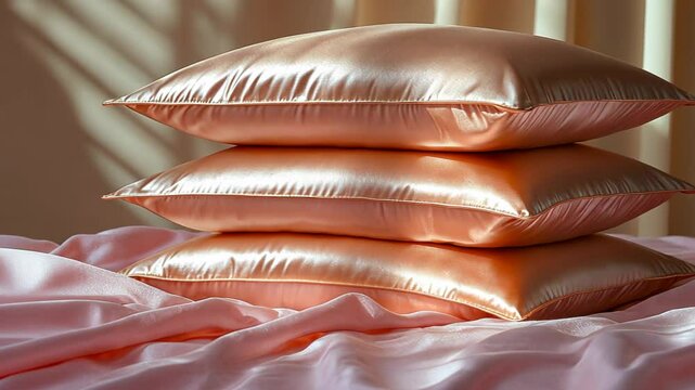 Soft satin pillows stacked elegantly on a pastel fabric backdrop