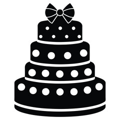 Black and White Birthday Cake Vector with Candle and Bow. Cake icon and symbol of the holiday, birthday,festive, Cake vector illustration isolated on white background