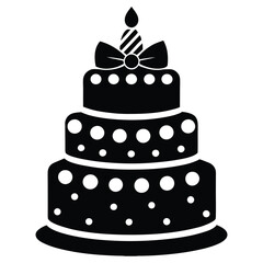 Black and White Birthday Cake Vector with Candle and Bow. Cake icon and symbol of the holiday, birthday,festive, Cake vector illustration isolated on white background