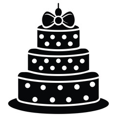 Black and White Birthday Cake Vector with Candle and Bow. Cake icon and symbol of the holiday, birthday,festive, Cake vector illustration isolated on white background