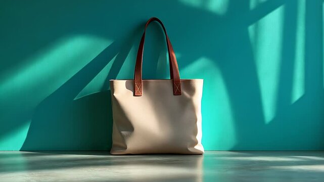 Stylish tote bag resting against a vibrant turquoise wall with shadows