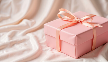 Beautifully wrapped gift box on shimmering tablecloth, celebration of femininity