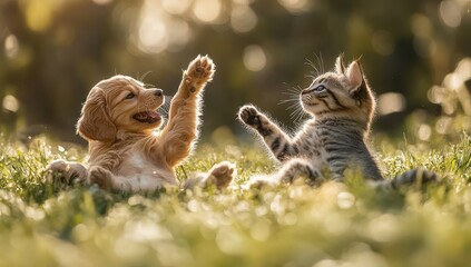 Obraz premium Playful Puppy and Kitten Interacting in Sunlit Grass with Soft Background Bokeh Creating a Heartwarming Scene of Friendship and Joy in Nature