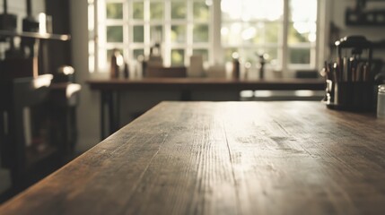 Empty wooden table in sunlit cafe, kitchen background