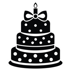Black and White Birthday Cake Vector with Candle and Bow. Cake icon and symbol of the holiday, birthday,festive, Cake vector illustration isolated on white background