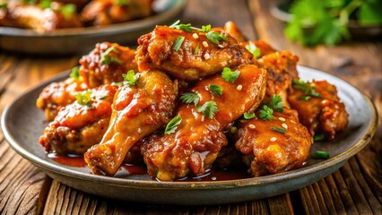 Fototapeta premium Yummy, spicy chicken wings! Crispy skin, succulent meat, perfectly photographed for drool-worthy appeal.