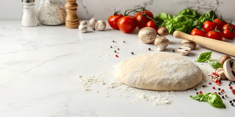 Fototapeta premium A light gray kitchen countertop with an unmade pizza dough and rolling pin, surrounded by fresh ingredients like tomatoes, basil leaves,