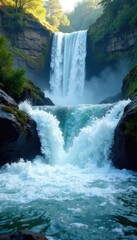 Obraz premium Foaming river receives powerful waterfall plunge, rocks, summer