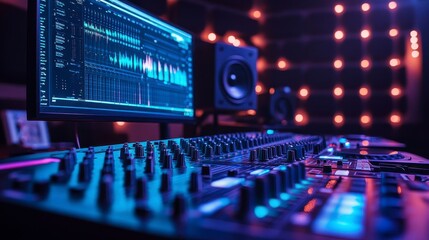 A modern music studio with vibrant blue lighting, featuring a digital audio workstation and a DJ mixer, creating a dynamic atmosphere for sound production.