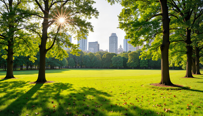 Lush green urban park under bright sunlight, nature’s beauty