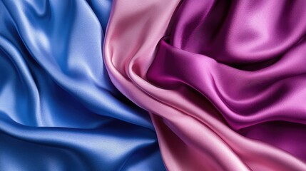 Obraz premium A luxurious abstract background featuring deep blue, purple, and pink silk satin fabric, smooth and silky with flowing folds.
