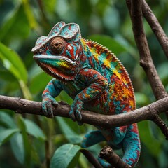 Fototapeta premium Camouflaged Chameleon on a Vine – A chameleon clings to a twisting branch, its skin shifting to match the vibrant jungle hues.