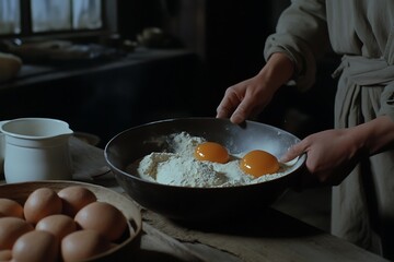 Rustic Kitchen: Hands Preparing Dough with Eggs in Vintage Bowl.
