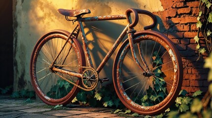 Rustic charm of a vintage bicycle, weathered and worn, leaning against a brick wall bathed in warm, golden sunlight. The bicycle's rusty frame tells a story of time and journeys past.