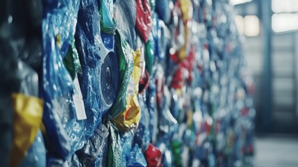 Fototapeta premium Plastic recycling plant, bales stacked, indoor, industrial, processing