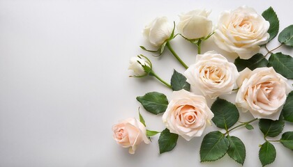 Fototapeta premium light roses on a flat background with space for text. template of a postcard for March 8, Valentine's Day, birthday