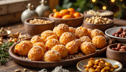 Traditional sweets and nuts artfully arranged on cozy kitchen table, Nowruz
