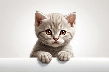 Cute adorable domestic curious cat kitten animal with its paws peeking over a white surface, photorealistic illustration on isolated background texture design.
