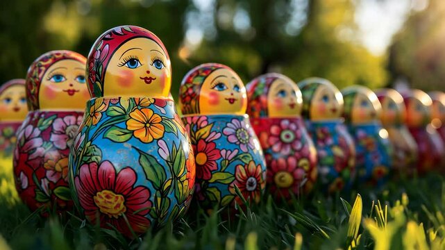 A beautifully arranged set of traditional Russian Matryoshka dolls, symbolizing heritage, culture, and handcrafted artistry. . High quality 4k footage